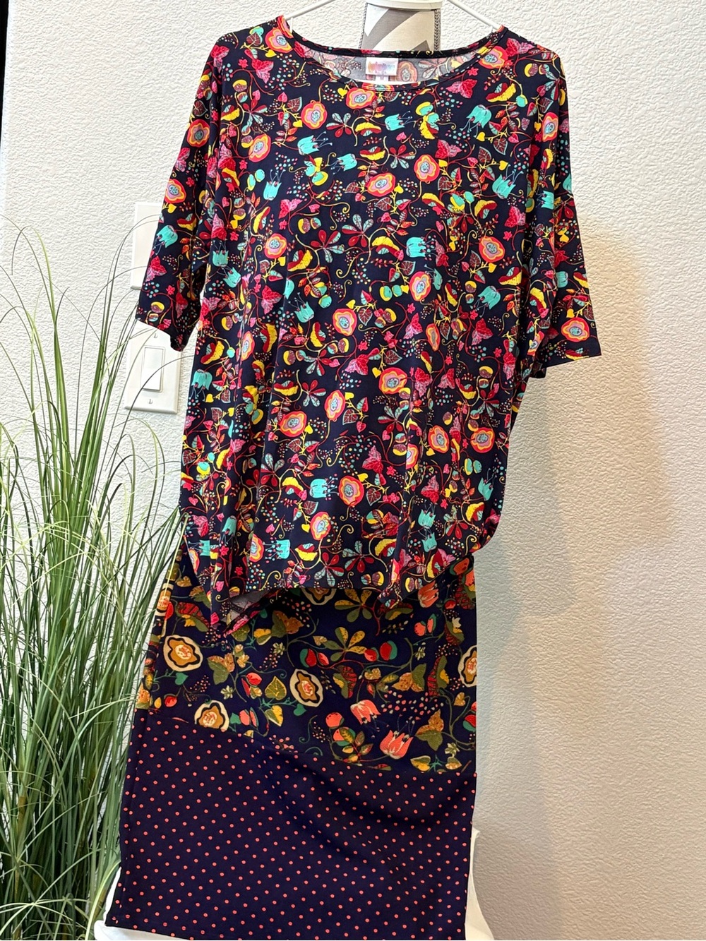 LuLaRoe Navy Floral Print Two-Piece Set with Teal, Red & Yellow Accents